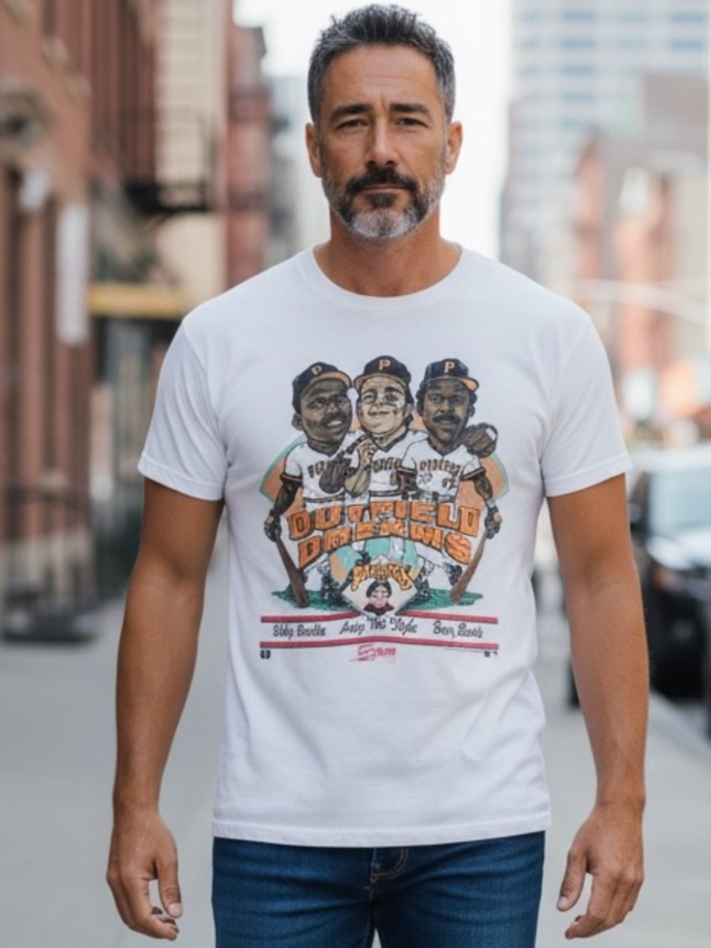 1990 Salem Sportswear Pittsburgh Pirates "Outfield of Dreams" T-shirt Caricature